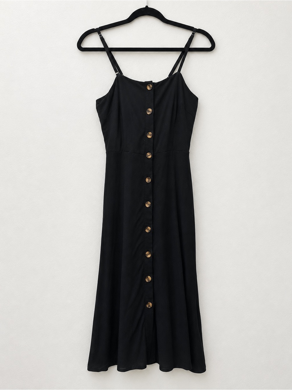 Black Button-Front Spaghetti Strap Midi Dress